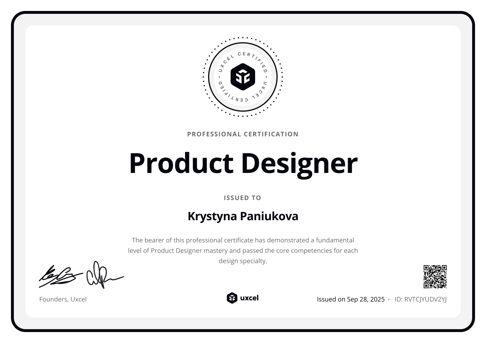 Krystyna Paniukova's certificate